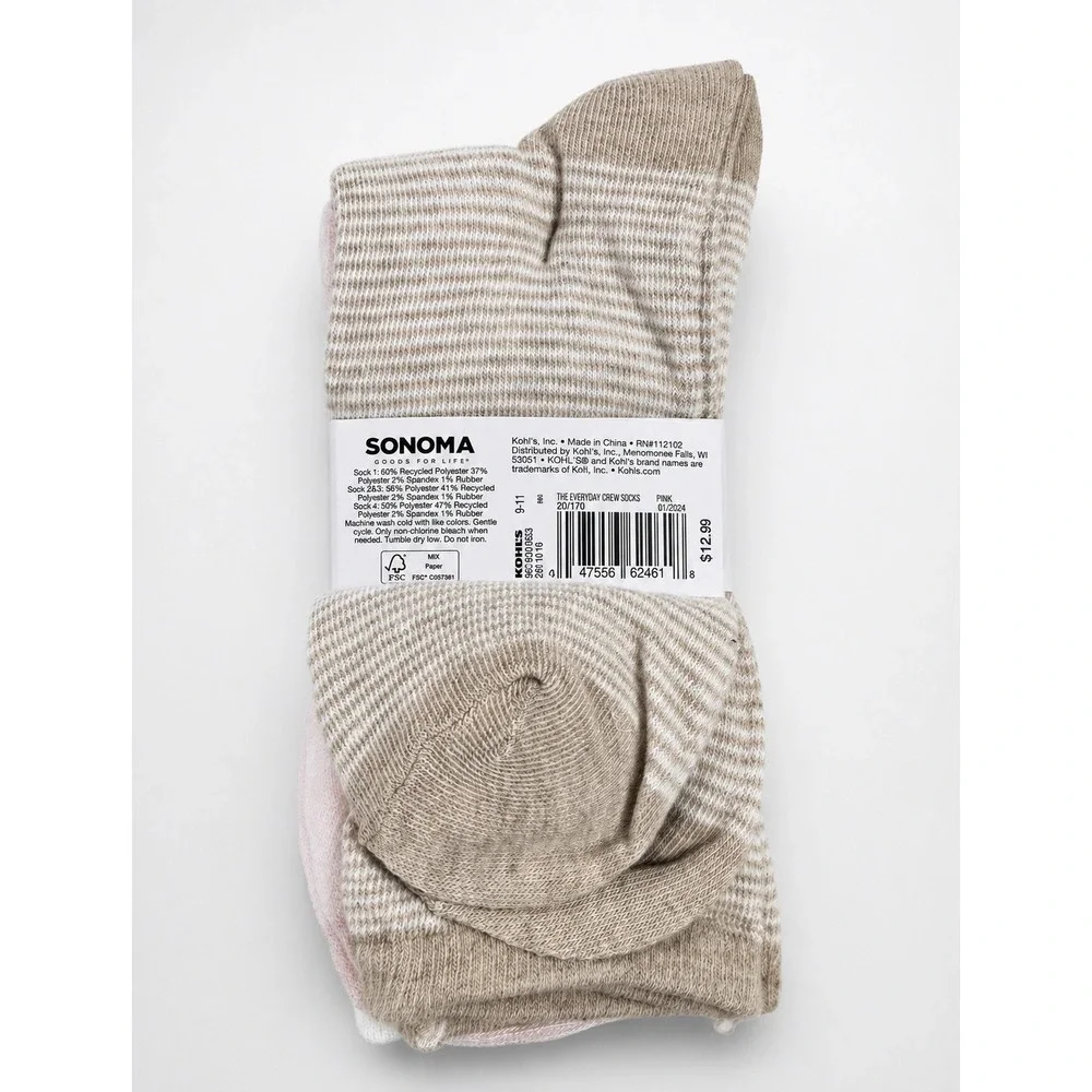 Sonoma Women's Everyday Crew Socks 5 Pair Pink Floral Shoe Size 4-10 NWT